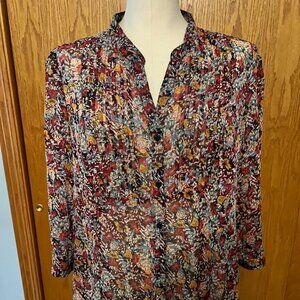 Sheer Floral Print 3/4 Sleeve V-Neck Blouse